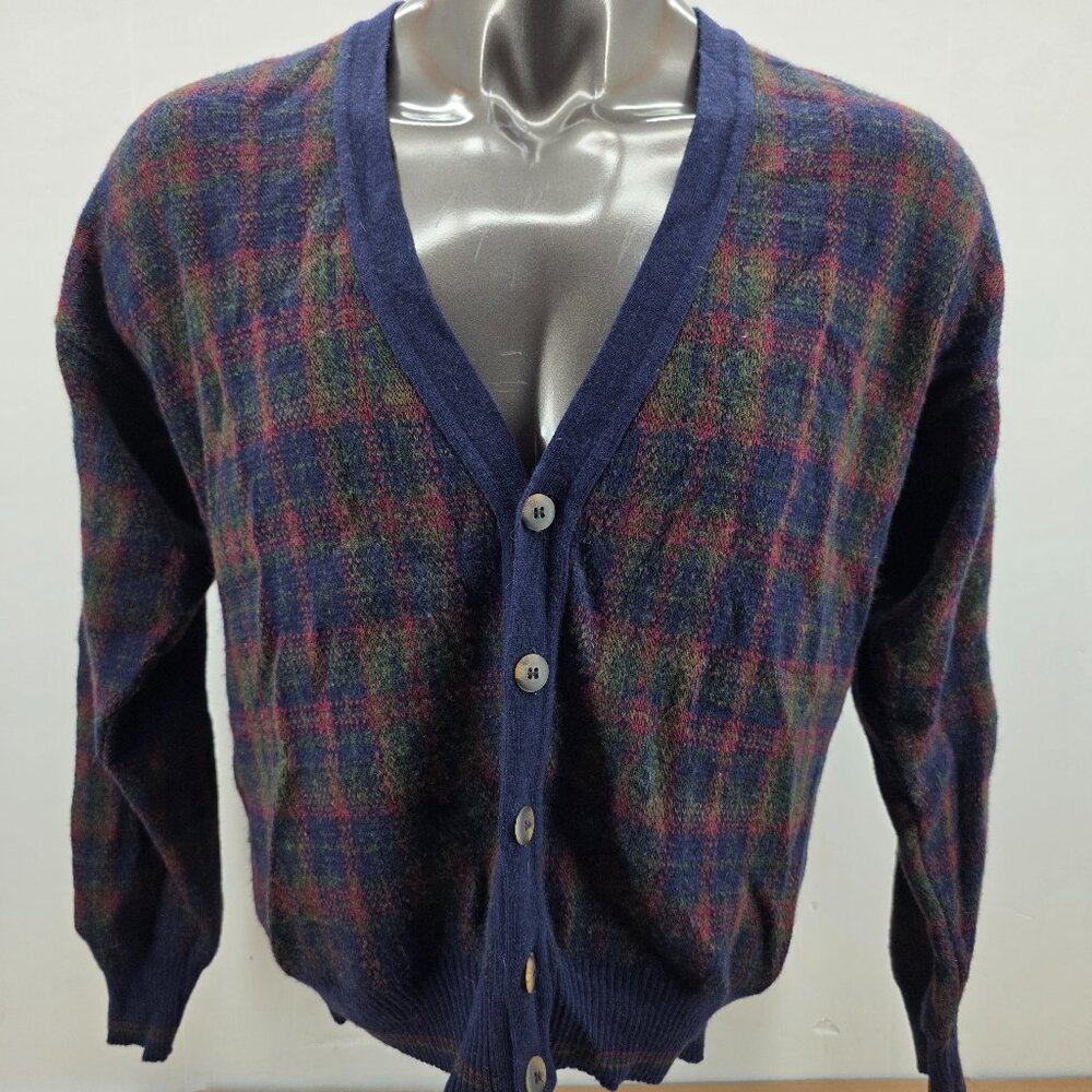 Vintage John Ashford Italy Plaid Cardigan Sweater Men's L Tartan Wool Blend